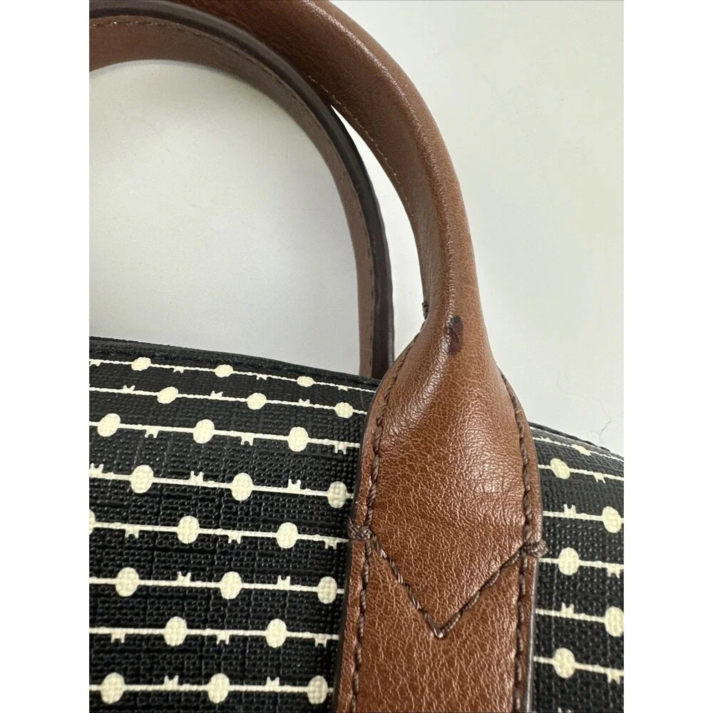 Fossil Fiona Satchel Black White Key Logo Faux Leather Crossbody Double Handle